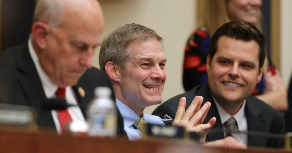 House Judiciary Committee members (L-R) Rep. Louie Gohmert (R-TX), Rep. Jim Jordan (R-OH) and Rep. Matt Gaetz (R-FL) share a laugh during a hearing about the Mueller Reporter in the Rayburn House Office Building on Capitol Hill June 10, 2019 in Washington, DC. (Photo: Chip Somodevilla/Getty Images)
