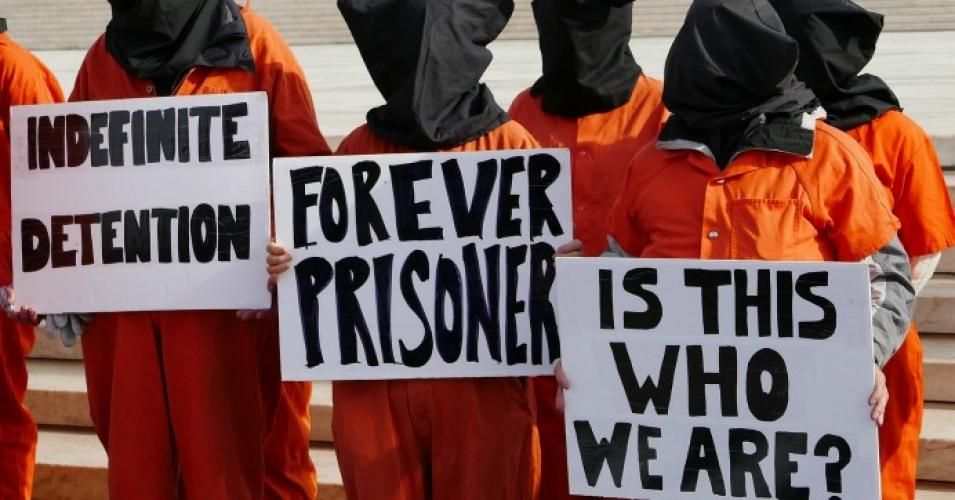 Activists outside the U.S. Supreme Court on Jan. 11, 2017 marking the 15th anniversary of the Guantanamo Bay prison.