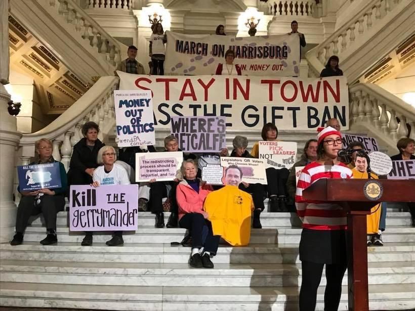  March on Harrisburg activists rally inside the Pennsylvania state capitol building for a state gift ban and gerrymandering reform on November 17, 2017. 
