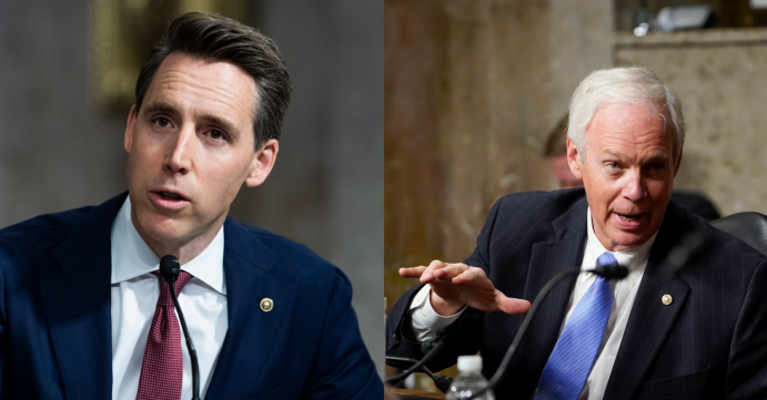 Republican senators Josh Hawley of Missouri (L) and Ron Johnson of Wisconsin (R) speak on Capitol Hill in Washington, D.C. (Photos: Tom Williams/CQ-Roll Call and Susan Walsh via Getty Images)