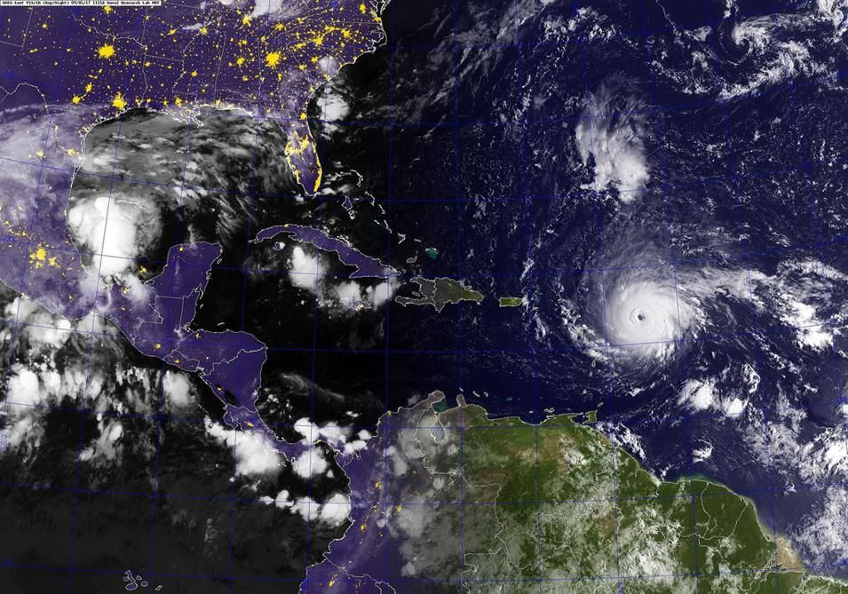 A GOES satellite image showing Hurricane Irma in the Atlantic Ocean. The storm is a category 5 hurricane on the Saffir-Simpson hurricane wind scale, September 5, 2017. (U.S. Navy photo/Released)