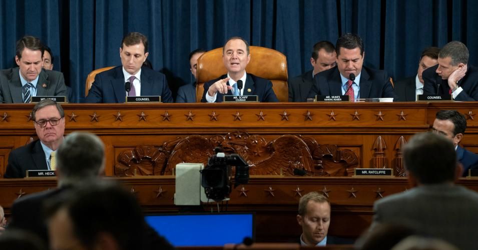 Chairman Adam Schiff (C), Democrat of California, speaks alongside Ranking Member Devin Nunes (2nd R), Republican of California, during the first public hearings held by the House Permanent Select Committee on Intelligence as part of the impeachment inquiry into US President Donald Trump, with witnesses Ukrainian Ambassador William Taylor and Deputy Assistant Secretary George Kent testifying, on Capitol Hill in Washington, DC, November 13, 2019. (Photo: Saul Loeb/Pool/AFP via Getty Images)