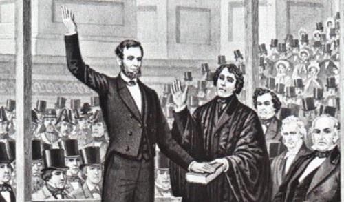 First inauguration of President Lincoln on March 4, 1861. The presidential oath of office was administered by Roger B. Taney, Chief Justice of the United States. (Image: Courtesy of Abraham Lincoln Historical Society)