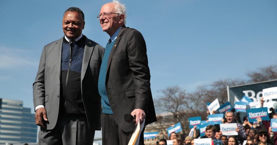 Democratic presidential candidate Sen. Bernie Sanders (I-VT) and Rev. Jesse Jackson greet the crowd during a campaign rally in Calder Plaza on March 08, 2020 in Grand Rapids, Michigan. Michigan holds its primary election on Tuesday March 10. (Photo: Scott Olson/Getty Images)