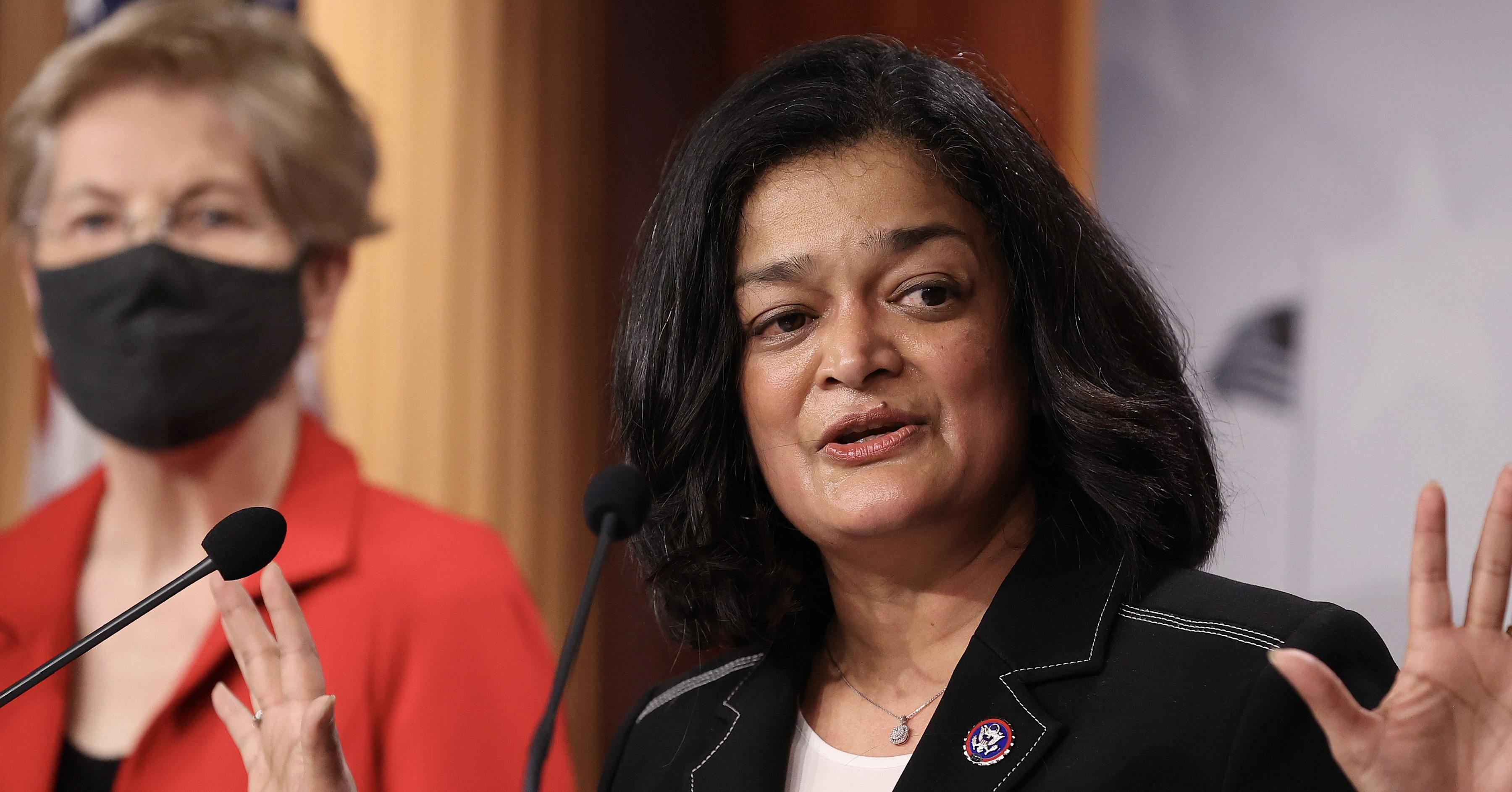 Rep. Pramila Jayapal (D-WA) speaks during a news conference with Sen. Elizabeth Warren (D-MA) to announce legislation that would tax the net worth of America's wealthiest individuals at the U.S. Capitol on March 01, 2021 in Washington, DC. (Photo: Chip Somodevilla/Getty Images)