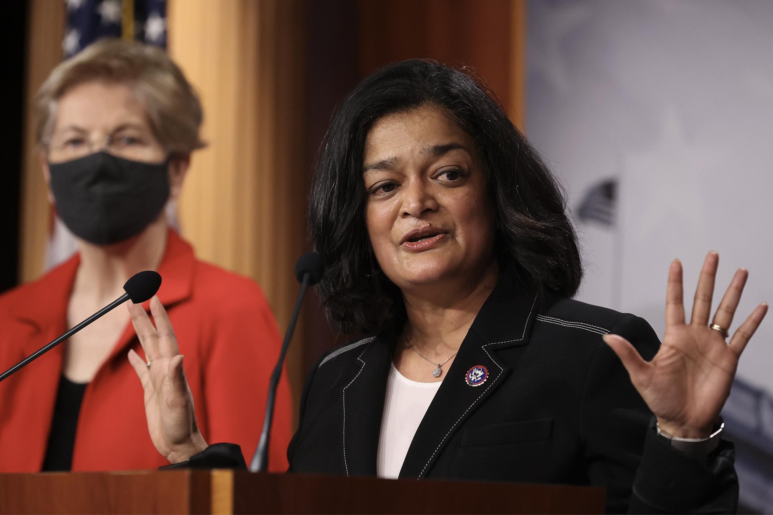 Rep. Pramila Jayapal (D-Wash.) speaks during a news conference with Sen. Elizabeth Warren (D-Mass.) to announce legislation that would tax the net worth of America's wealthiest individuals at the U.S. Capitol on March 01, 2021 in Washington, DC. (Photo:Chip Somodevilla/Getty Images)