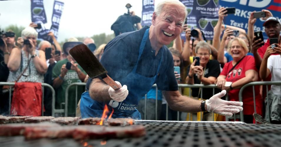 Democratic presidential candidate, former Vice President Joe Biden works the grill at the Polk County Democrats' Steak Fry on September 21, 2019 in Des Moines, Iowa. Seventeen of the 2020 Democratic presidential candidates and more than 12,000 of their supporters made an appearance at the event. (Photo by Scott Olson/Getty Images)