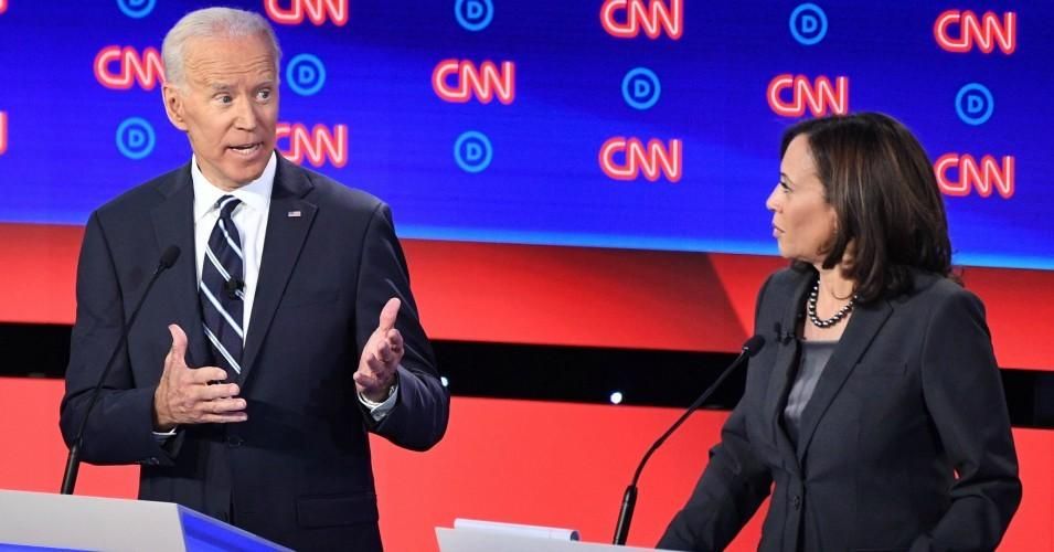 Democratic presidential hopefuls former Vice President Joe Biden and Sen. Kamala Harris (D-Calif.) speak during the second round of the second Democratic primary debate of the 2020 presidential campaign season hosted by CNN at the Fox Theatre in Detroit, Michigan on July 31, 2019. (Photo: Jim Waton/AFP/Getty Images)