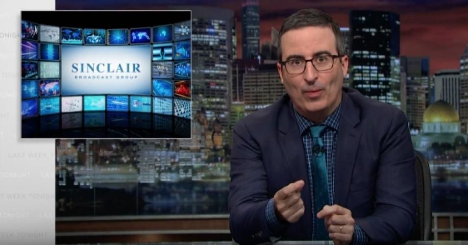 "They're injecting Fox-worthy content into the mouths of your local news anchors," declared John Oliver in a segment that went viral earlier this year. (Screengrab: "Last Week Tonight")