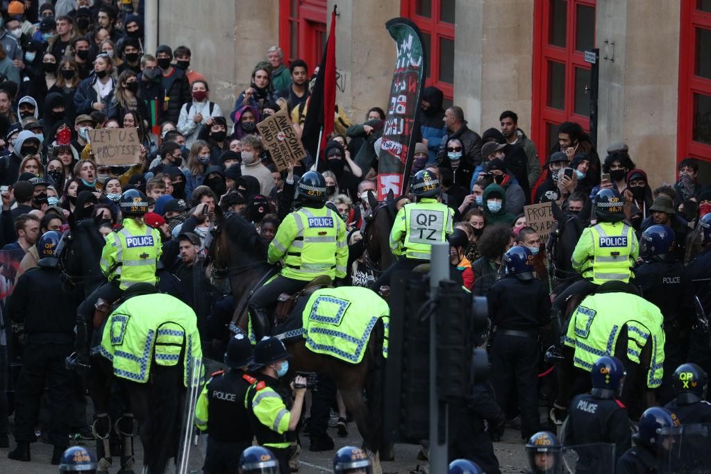 Police horses are deployed as they hold back people outside Bridewell Police Station as they take part in a 'Kill the Bill' protest in Bristol, demonstrating against the Government's controversial Police and Crime Bill. Picture date: Sunday March 21, 2021. (Photo by Andrew Matthews/PA Images via Getty Images)