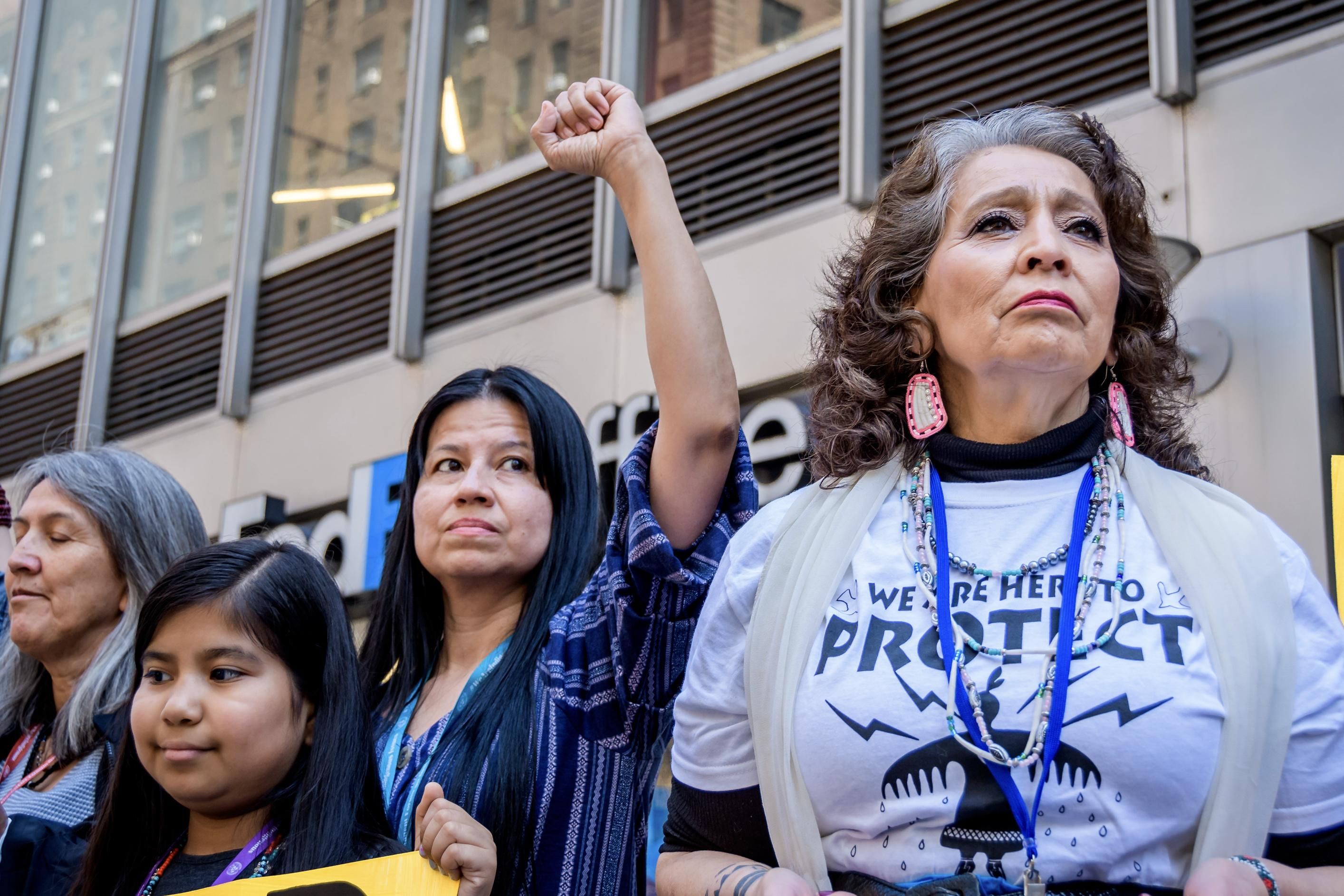 LaDonna Brave Bull Allard, Water Protector, and a member of the Standing Rock Sioux Tribe in North Dakota and South Dakota. Indigenous leaders from Brazil and allies held a non violent direct action outside the Permanent Mission of Brazil in New York City on April 23, 2019 to raise their voices and show solidarity with the indigenous resistance. (Photo: Erik McGregor/LightRocket via Getty Images)