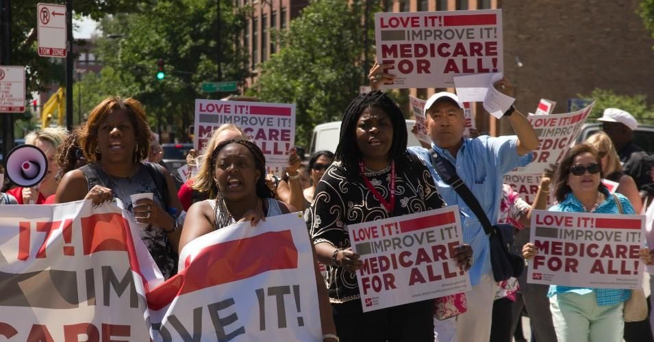"Medicare for All," writes Burger, "would eliminate the cost barrier that disproportionately affects communities of color with higher rates of no insurance or underinsurance." (Photo: National Nurses United)