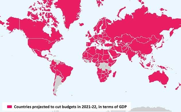 Map of countries with projected austerity cuts in 2021-2022, in terms of GDP, based on IMF fiscal projections. (Photo: I. Ortiz and M. Cummins, 2021)