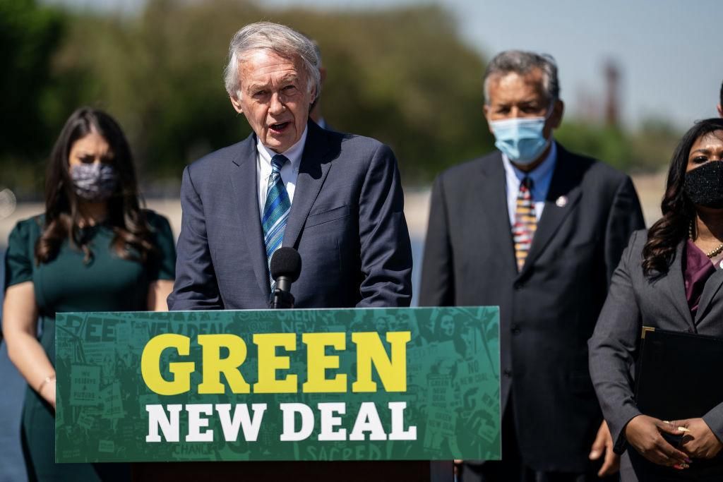  Sen. Ed Markey (D-MA) speaks at a news conference to reintroduce the Green New Deal and introduce the Civilian Climate Corps Act at the Capitol Reflecting Pool near the West Front of the U.S. Capitol Building on Tuesday, April 20, 2021 in Washington, DC. (Photo: Kent Nishimura / Los Angeles Times via Getty Images)