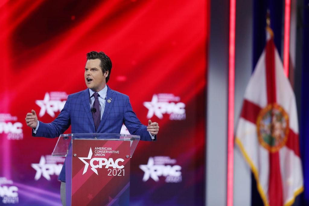 Rep. Matt Gaetz (R-FL) addresses the Conservative Political Action Conference being held in the Hyatt Regency on February 26, 2021 in Orlando, Florida. (Photo by Joe Raedle/Getty Images)