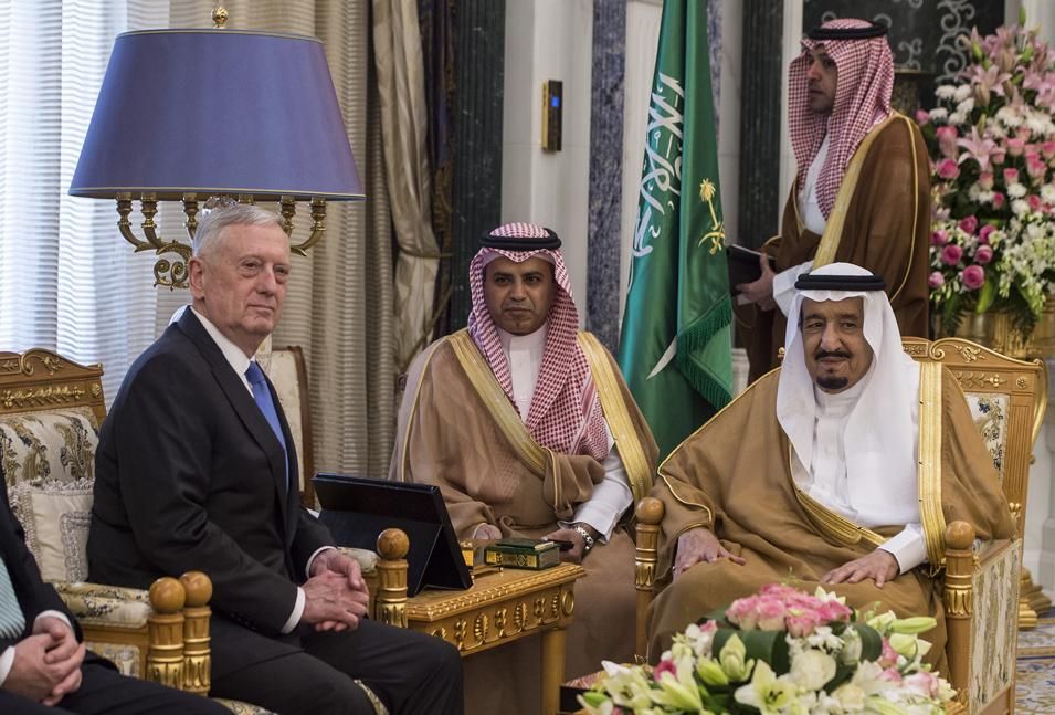 Secretary of Defense Jim "Mad Dog" Mattis meets with Saudi Arabia’s King Salman Bin Abdulaziz Al-Saud in Riyadh, Saudi Arabia, April 19, 2017. (DOD photo by U.S. Air Force Tech. Sgt. Brigitte N. Brantley)