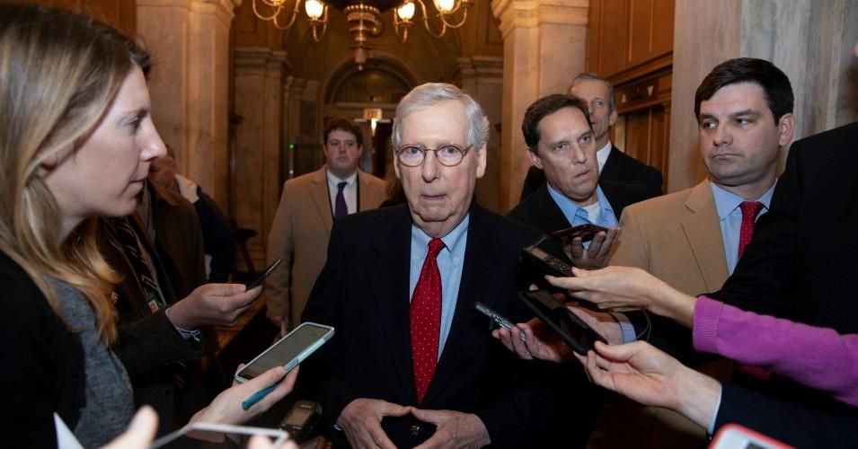 Senate Majority Leader Mitch McConnell (R-Ky.) speaks to reporters on Capitol Hill after returning from the White House on January 02, 2019 in Washington, D.C.
