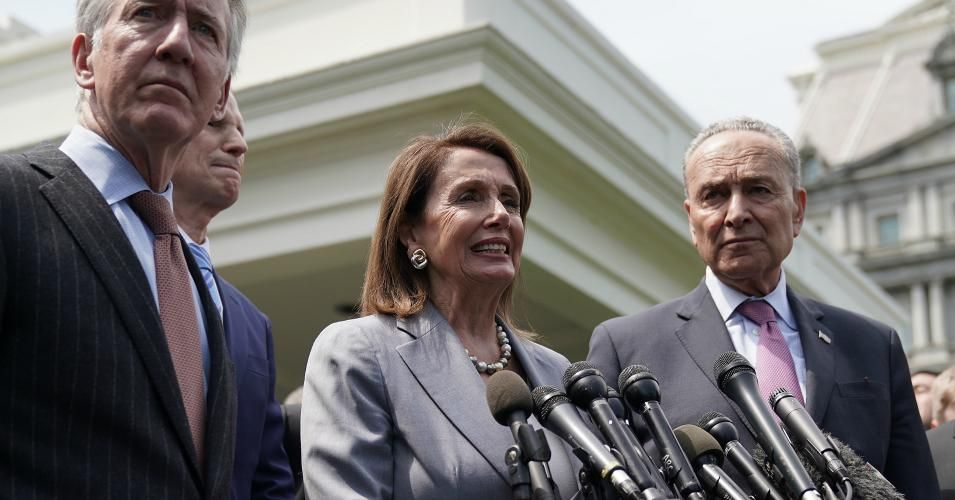 Congressional Democrats, including (L-R) House Ways and Means Committee Chairman Richard Neal (D-MA), Senate Finance Committee ranking member Sen. Ron Wyden (D-OR), Speaker of the House Nancy Pelosi (D-CA), Senate Minority Leader Charles Schumer (D-NY) and Rep. Ben Ray Lujan (D-NM), talk to reporters following a meeting with President Donald Trump at the White House April 30, 2019 in Washington, DC. The Democratic leaders met with Trump to discuss infrastructure. 