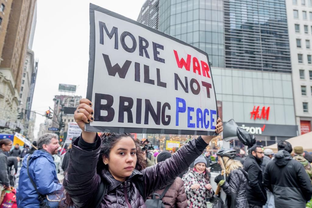 Hundreds took to the streets in 2018 as antiwar and social justice groups organized a demonstration in New York City, with a rally at Herald Square and march to Trump Tower as part of national regional spring actions throughout the country against the US bombing of Syria and opposing endless U.S. wars. (Photo by Erik McGregor/LightRocket via Getty Images)