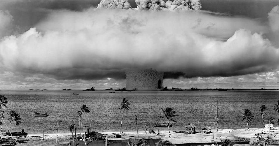Mushroom-shaped cloud and water column from the underwater nuclear explosion of July 25, 1946, which was part of Operation Crossroads. (image/cc)