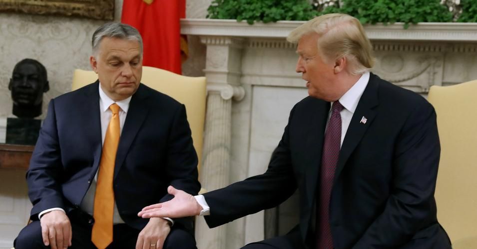  U.S. President Donald Trump shakes hands with Hungarian Prime Minister Viktor Orban during a meeting in the Oval Office on May 13, 2019 in Washington, DC. President Trump took questions on trade with China, Iran and other topics. (Photo: Mark Wilson/Getty Images)