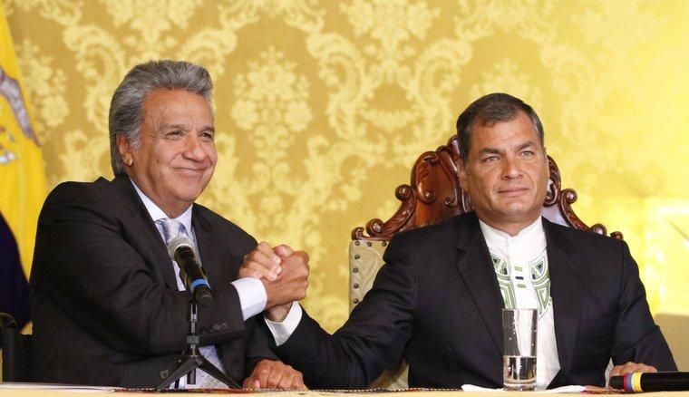 The outgoing President, Rafael Correa, right, received in the the Palace of Carondelet the president-elect Lenin Moreno for the official act of transition between the two governments in April 2017. Quito, Ecuador. (Photo: Gabriela Mena / ACG/SIPA USA/PA Images)