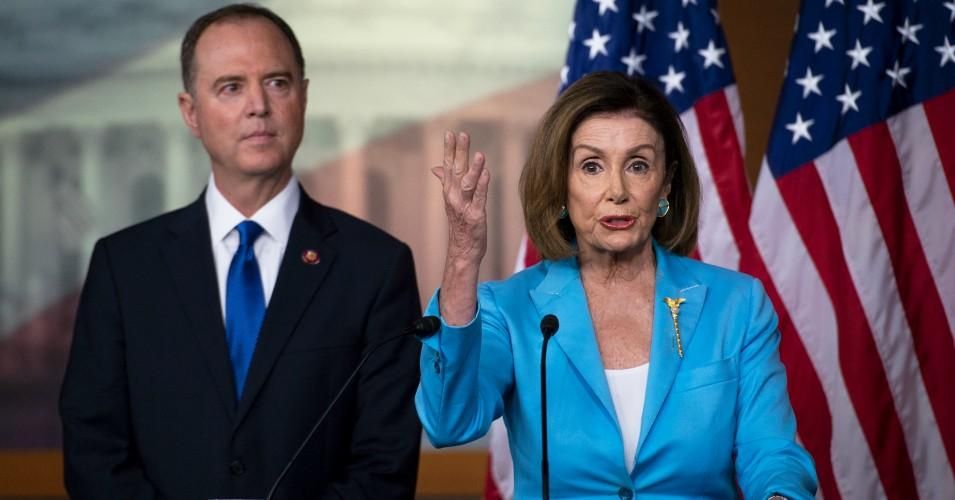 House Speaker Nancy Pelosi (D-Calif.), joined by House Intelligence Committee Chairman Rep. Adam Schiff (D-Calif.), speaks during a news conference on Capitol Hill on Wednesday October 2, 2019. (Photo: Caroline Brehman/CQ-Roll Call, Inc via Getty Images)