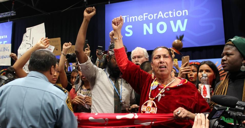 Casey Camp-Horinek, Ponca Nation leader, speaks out during an action inside the UNFCCC COP25 in Madrid.