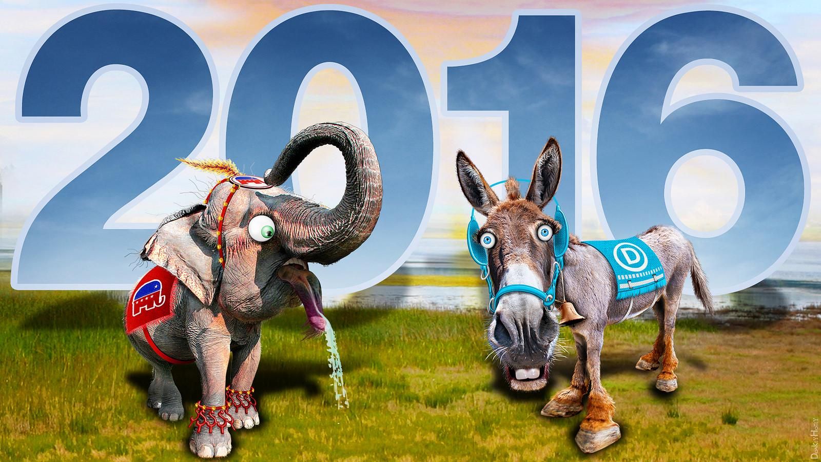 An elephant, the traditional symbol for the Republican party, and a donkey, the traditional symbol for the Democratic party