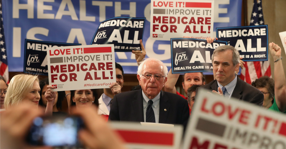 Sen. Bernie Sanders (I-Vt.) speaks while introducing healthcare legislation titled the "Medicare for All Act of 2019" with Sens. Kirsten Gillibrand (D-N.Y.) and Jeff Merkley (D-Ore.) during a news conference on Capitol Hill, on April 9, 2019 in Washington, D.C. (Photo: Mark Wilson/Getty Images)