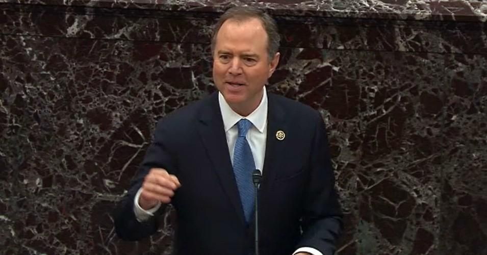 In this screenshot taken from a Senate Television webcast, House impeachment manager Rep. Adam Schiff (D-Calif.) speaks during impeachment proceedings against U.S. President Donald Trump in the Senate at the U.S. Capitol on January 23, 2020 in Washington, D.C. (Photo: Senate Television via Getty Images)