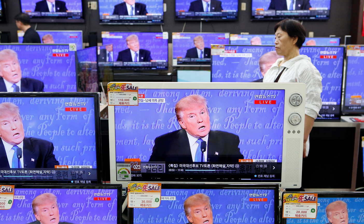 Donald Trump on television screens in Seoul, South Korea, September 27, 2016. (Photo: Kim Hong-Ji/Reuters)