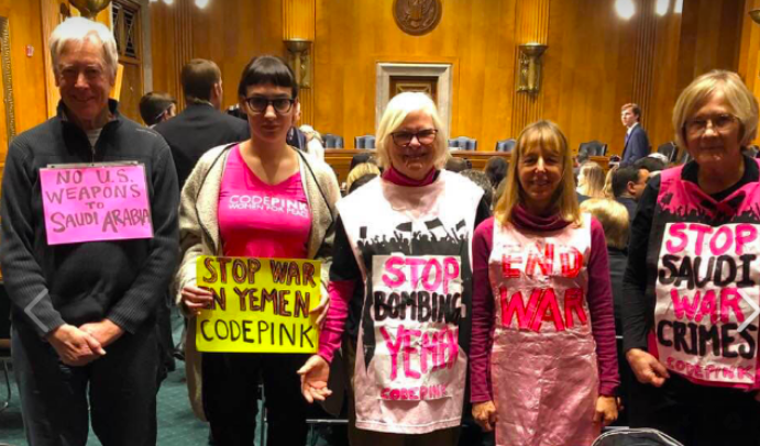 Codepink's women for Peace at the Nomination Hearing for new US Ambassador to Yemen. (Photo by Ann Wright) 
