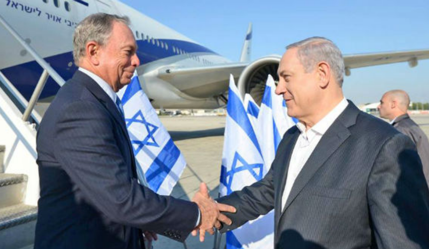 Israeli Prime Minister Netanyahu greets Bloomberg when the former mayor flew to Israel in July 2014 to support Israel's assault on Gaza and oppose the FAA decision to suspend domestic flights to the country. 