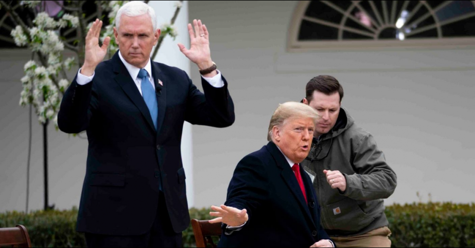 U.S. President Donald Trump and Vice President Mike Pence as they participate in a Fox News Virtual Town Hall with Anchor Bill Hemmer, in the Rose Garden of the White House on March 24, 2020 in Washington, DC. Cases of COVID-19 continue to rise in the United States, with New York's case count doubling every three days according to governor Andrew Cuomo. (Photo: Doug Mills-Pool/Getty Images)