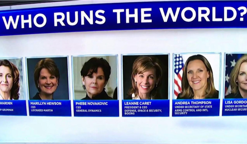 MSNBC Graphic (1/3/20) celebrating female heads of weapon-making corporations and military agencies. 
