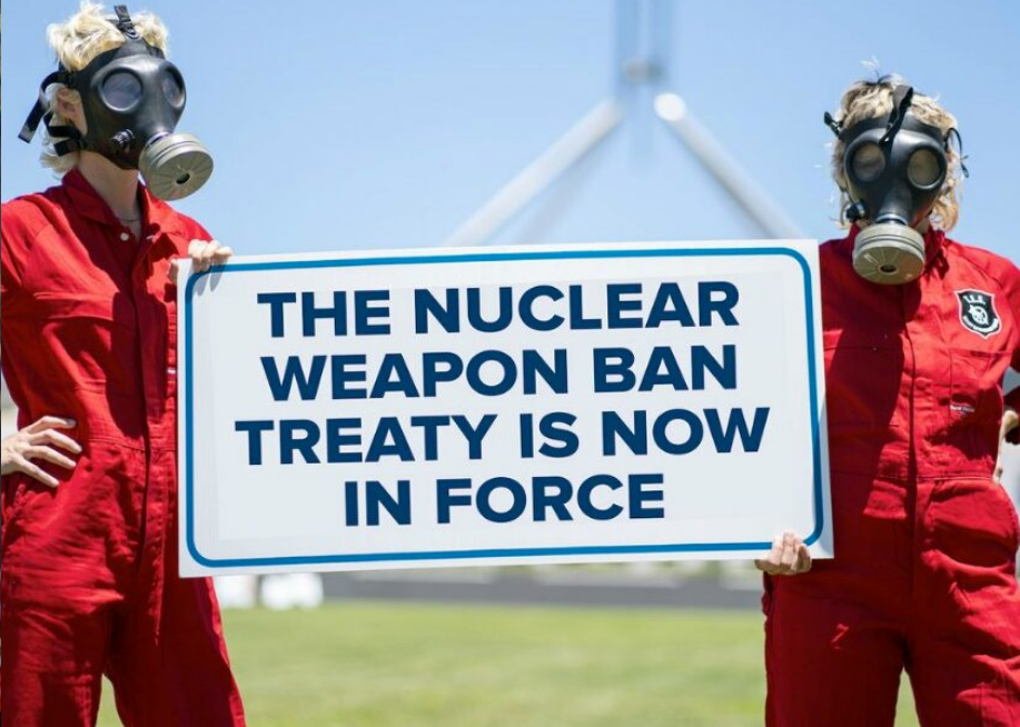 Activists call for Australia to sign and ratify the Treaty on the Prohibition of Nuclear Weapons, as they celebrate its entry into force on Jan. 22. (Photo: Twitter/ICAN Australia)