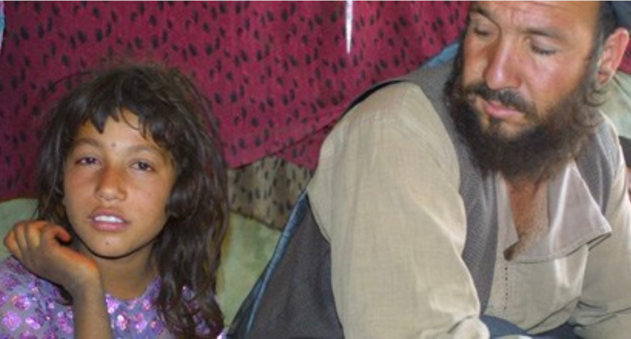 Guljumma, 7, and her father, Wakil Tawos Khan, at the Helmand Refugee Camp District 5 in Kabul, Afghanistan, on August 31, 2009. (Photo: Reese Erlich)