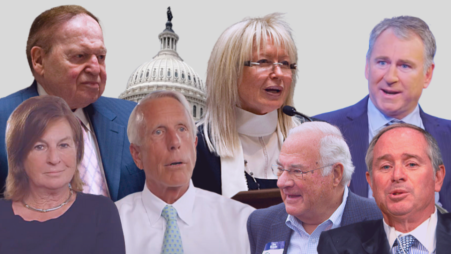 Among the top funders of outside groups that helped elect the GOP election deniers are (clockwise from top left) Sheldon Adelson, Miriam Adelson, Ken Griffin, Stephen Schwarzman, Joe Ricketts, Richard Uihlein, and Liz Uihlein. (Photo: U.S. Air Force, David Rubenstein/YouTube, World Economic Forum, Cornstalker/Wikimedia, Uline/YouTube)