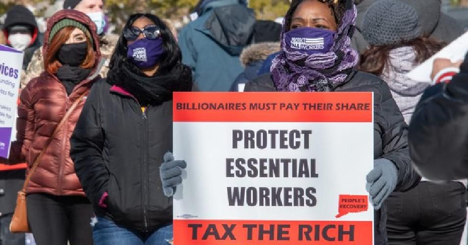 In Connecticut, SEIU 1199 New England is anchoring a coalition pushing to raise $3 billion—targeting the state's lucrative financial services industry along with its 17 billionaires. (Photo: SEIU 1199 New England via Twitter)