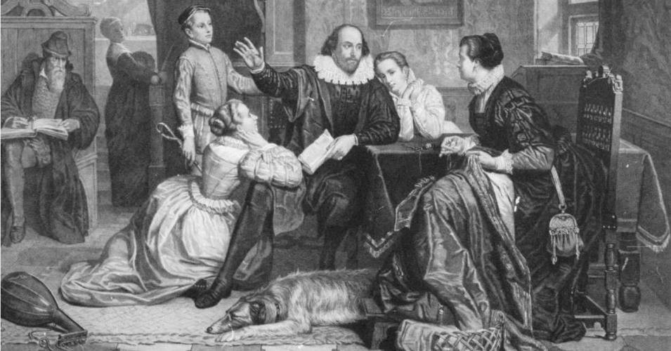A 19th-century engraving imagining William Shakespeare's family life. (Credit: Wikimedia Commons)