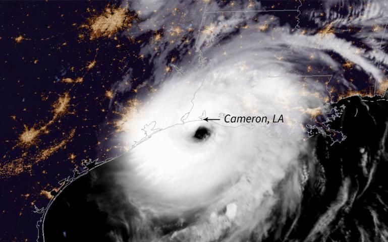 Hurricane Laura makes landfall in Cameron, Louisiana, in the early hours of August 27, 2020. (Photo courtesy of NOAA/GOES-East)