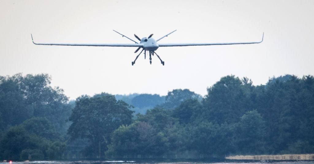A general Atomics Aeronautical Systems Inc SkyGuardian remotely piloted aircraft arrives at RAF Fairford after completing the first transatlantic flight for such an aircraft, on July 11, 2018 in Gloucestershire, England. (Photo: Matt Cardy/Getty Images)