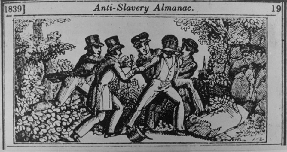An 1839 woodcut depicts a slave patrol capturing a fugitive.