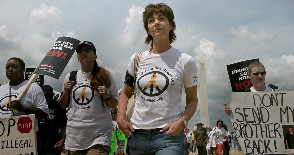 Stacy Bannerman, foreground, second from right, a peace activist married to a National Guard soldier who fought in Iraq, has written about unusual relationship between warrior and anti-war activist in Washington, DC, on Saturday, May 13, 2006