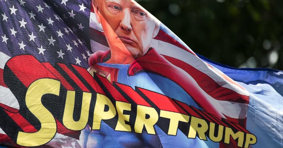 A flag depicting President Donald Trump as Supertrump waves in the wind before a campaign rally at Smith Reynolds Airport on September 8, 2020 in Winston Salem, North Carolina. The president also made a campaign stop in South Florida on Tuesday. (Photo: Sean Rayford/Getty Images)