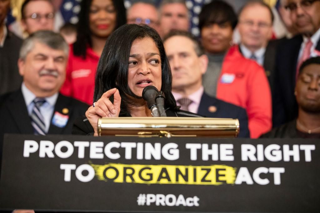 Rep. Pramila Jayapal (D-WA) speaks during a press conference advocating for the passage of the Protecting the Right to Organize (PRO) Act in the House of Representatives. The PRO Act would amend the National Labor Relations Act (NLRA) and is backed by the Communications Workers of America (CWA) and American Federation of Labor and Congress of Industrial Organizations (AFL-CIO) unions. (Photo by Samuel Corum/Getty Images)