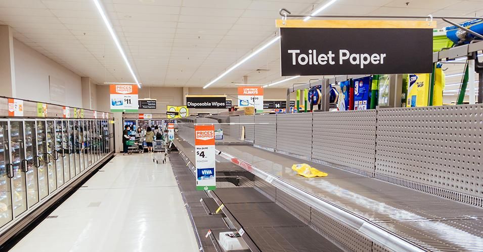 Empty toilet paper shelves in an Australian supermarket after panic buying due to the Coronavirus