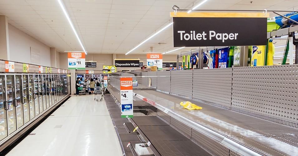 Empty toilet paper shelves in an Australian supermarket after panic buying due to the Coronavirus.