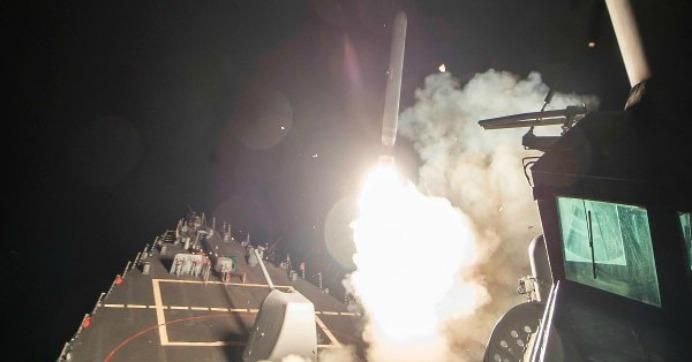 The U.S. Navy launched a total of 59 Tomahawk cruise missiles against a Syrian airfield around 4:40 a.m. April 7 (local time) in response to the Syrian government's alleged chemical weapons attack against civilians. (U.S. Defense Department photo)